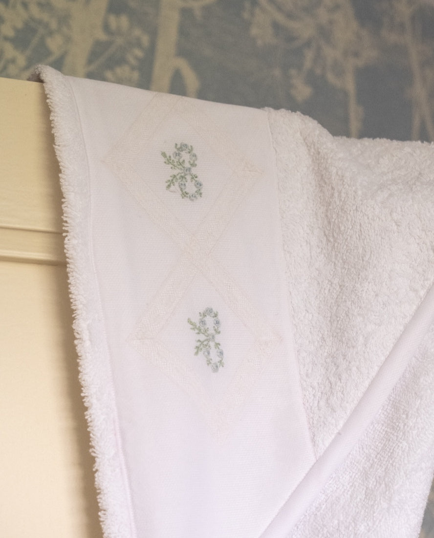 Italian Cotton Hooded Baby Towel, Hand-Embroidered with Wreathed Bows