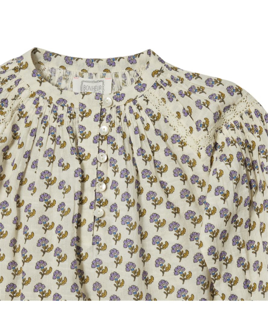 Noura Girl Shirt in Floral Ecru